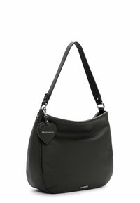 Black leather shoulder bag with a textured finish, adjustable strap, and a heart-shaped charm labeled "EMILY & NOAH." Compact and curved design.
