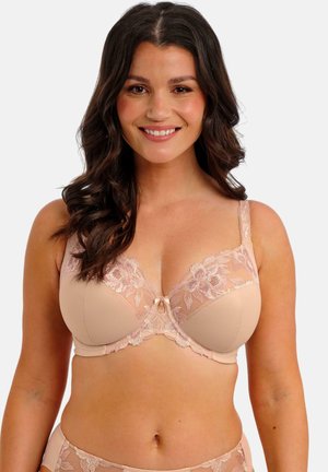 Beige beha met bloemenkant op de cups, een kleine strik in het midden en verstelbare bandjes; een gladde textuur en beugel voor extra ondersteuning.