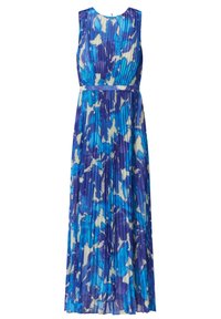 Sukienka bez rękawów z plisowaniem, z niebiesko-białym abstrakcyjnym wzorem, wykonana z lekkiego materiału z wyraźnie zaznaczoną talią.