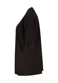 Zwarte oversized shirt met korte mouwen en een casual ontwerp, voorzien van opgerolde manchetten en een zachte stoftextuur. Eenvoudige, rechte snit.