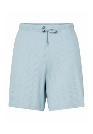 Pantalones cortos de algodón azul claro con un patrón texturizado, cinturilla con cordón y un ajuste relajado. Presenta rayas diagonales y sutiles formas de diamante.
