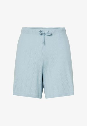 Lyseblå bomullsshorts med teksturert mønster, snor i midjen og en avslappet passform. Har skrå striper og subtile diamantformer.