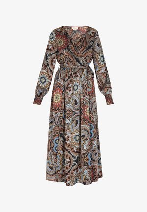 Rochie maxi cu mânecă lungă, dintr-un material ușor, având un model paisley multicolor, cu un cordon la talie și manșete elastice.