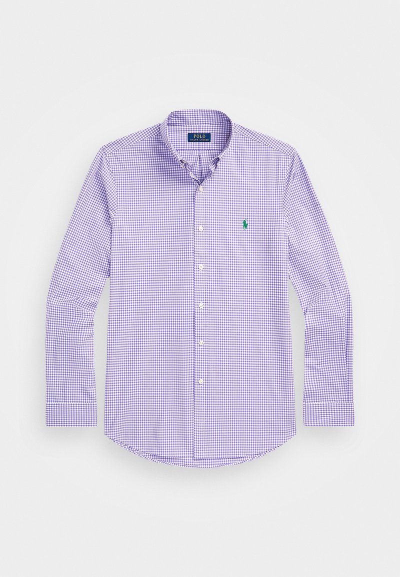 Purple checkered button-up shirt with long sleeves, featuring a small green logo on the left chest. Fabric appears smooth and lightweight.
