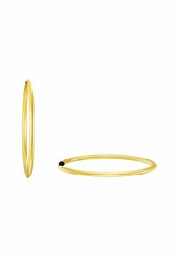 Pendientes de aro dorados con un diseño delgado y suave. Presentan un pequeño acento negro en un lado, destacando el estilo minimalista.