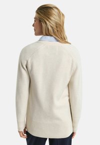 Light beige knit sweater with a relaxed fit, ribbed cuffs and hem, raglan sleeves, and smooth texture, shown from the back.