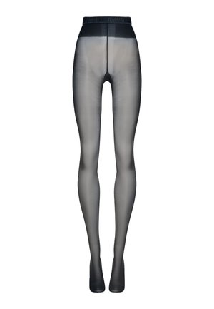 Ogenomskinliga svarta strumpbyxor med en slät yta, utrustade med en bred midjerem och en avsmalnande benform. Materialet verkar stretchigt och åtsittande.