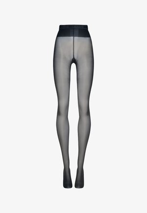 Ogenomskinliga svarta strumpbyxor med en slät yta, utrustade med en bred midjerem och en avsmalnande benform. Materialet verkar stretchigt och åtsittande.