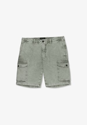 Jasnoszare casualowe szorty cargo z przodu zapinane na guzik, z zamkiem błyskawicznym, dwoma bocznymi kieszeniami oraz dwoma kieszeniami na udach zapinanymi na guziki.