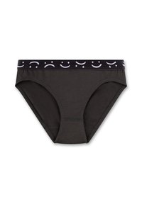 Zwarte katoenen slip met een contrasterende zwarte tailleband met witte smiley- en droevige gezichtenpatronen. Zachte textuur, klassieke pasvorm.