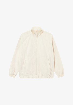 Lichte, crèmekleurige zip-up jasje met elastische manchetten en zoom, twee zijzakken en een subtiel textuurpatroon overal.