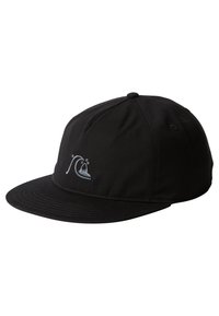Black cap featuring a curved brim, made of durable fabric, with a decorative wave and shark embroidery in light gray on the front.