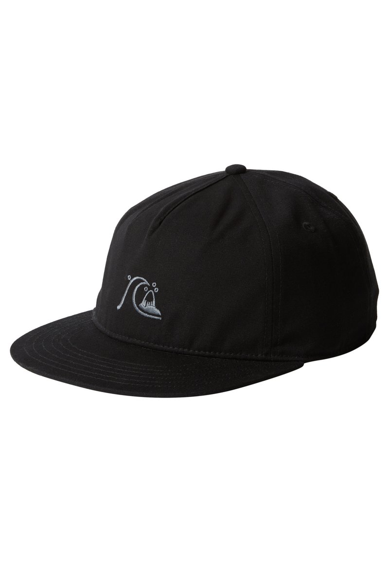 Black cap featuring a curved brim, made of durable fabric, with a decorative wave and shark embroidery in light gray on the front.