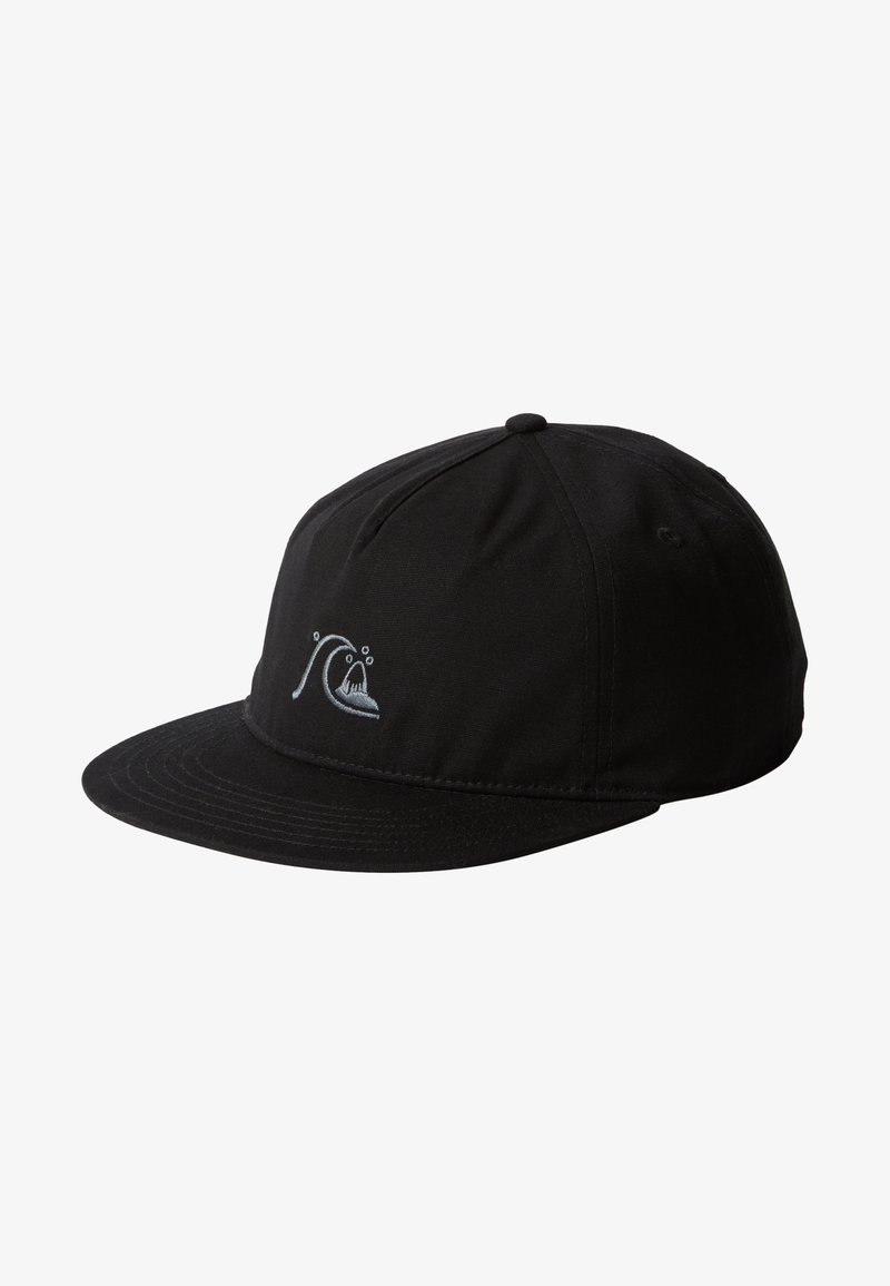 Black cap featuring a curved brim, made of durable fabric, with a decorative wave and shark embroidery in light gray on the front.
