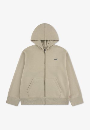Beiger Kapuzenpullover mit Reißverschluss, Fronttaschen und einem kleinen Levi's-Logo auf der linken Brust, dargestellt auf weißem Hintergrund.