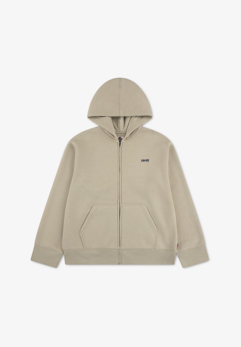 Sweat à capuche beige zippé avec poches à l'avant et un petit logo Levi's sur la poitrine gauche, présenté sur fond blanc.