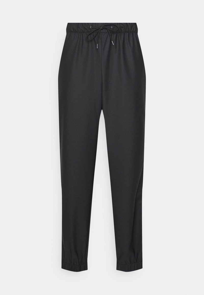 Pantaloni de jogging negri, confecționați dintr-un material moale și elastic. Prezintă o talie elastică cu șnur, picioare tapered și manșete la gleznă.
