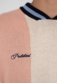 Zbliżenie na różowo-beżowy sweter dziany z kołnierzem w paski granatowy i jasnoniebieski oraz wyszywanym na klatce piersiowej napisem „Potential” czarną czcionką.