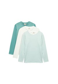 Trzy t-shirty z długim rękawem: jeden w kolorze teal, jeden biały i jeden w paski w jasnoniebieskim i białym. Miękki materiał bawełniany, okrągły dekolt i regularny krój.