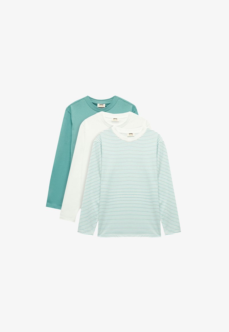 Three long-sleeve T-shirts: one teal, one white, and one striped in light blue and white. Soft cotton material, round necklines, and regular fit.