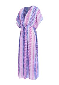 Langer, fließender Kimono aus leichtem Stoff mit gebundenem Taillenzug, der lebendige rosa und blaue Batikmuster sowie Fledermausärmel aufweist.