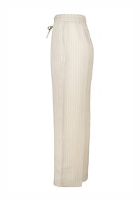 Light beige trousers with a pinstripe pattern, elastic waistband, side pockets, and a relaxed fit, featuring a drawstring for adjustability.