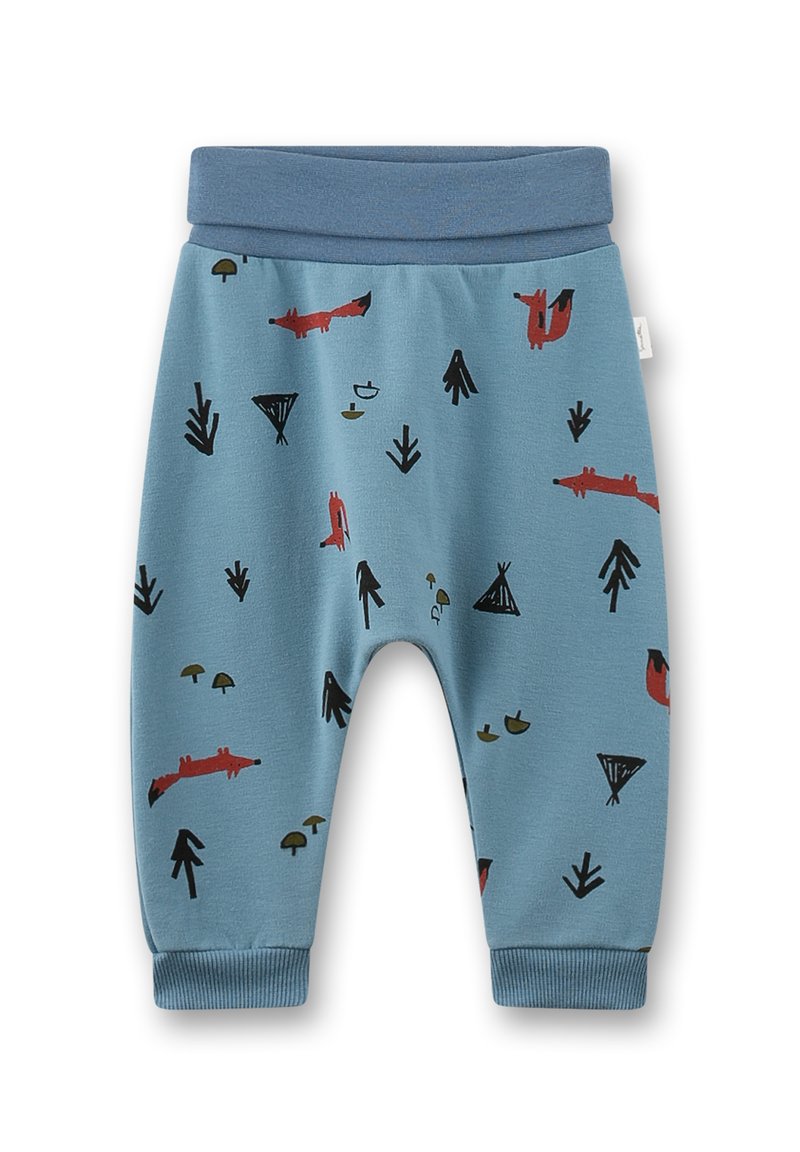 Blaue Kleinkindhosen mit roten Füchsen, schwarzen Bäumen und kleinen Pilzen, ausgestattet mit einem gefalteten Taillenbund und gerippten Fußbündchen.