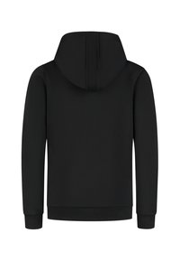 Zwarte lange mouwen hoodie met geribde mouwen en zoom, van achteren weergegeven op een witte achtergrond.