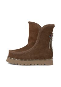 Braune Wildleder-Ankle-Boots mit Kunstfellfutter, verziert mit bead-detaillierten und dekorativen Akzenten. Mit einer dicken Gummisohle.