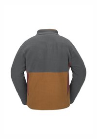 Fleecejakke med høj krave, som har en grå overdel, brun midtsektion og maroon sideaccent. Struktureret stof, afslappet pasform.