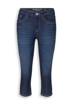 Dunkelblaue Slim-Fit-Cropped-Jeans mit Vordertaschen, Reißverschluss, Knopfverschluss und sichtbaren Nahtdetails.