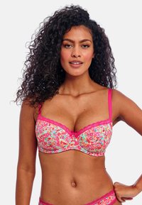 Colorful floral print lingerie set with pink lace trim and adjustable straps. The bra has a bow detail at the center and underwire support.
