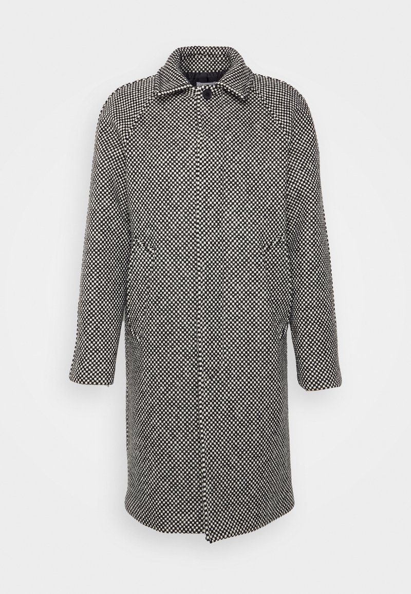 Long manteau en laine avec motif à carreaux noir et blanc, devant boutonné, poches latérales et col classique.