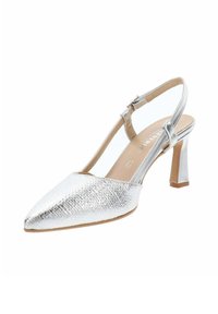 Scarpa slingback argento con punta appuntita, tomaia metallica testurizzata e tacco blocco medio. Incluso un dettaglio con cinturino alla caviglia regolabile.