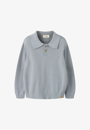 Jasnoniebieski sweter dziany z szerokim kołnierzem, dwoma drewnianymi guzikami, długimi rękawami oraz ściągaczami na mankietach i u dołu.