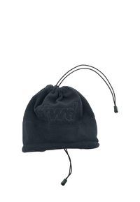 Mørkeblå fleece hue med snorelukning, der har et tekstureret logo præget på forsiden og en blød, behagelig finish.