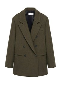 Olivově zelený dvouřadový blejzr vyrobený z vlněné směsi. Obsahuje velké černé knoflíky, špičaté klopy a dvě přední kapsy.