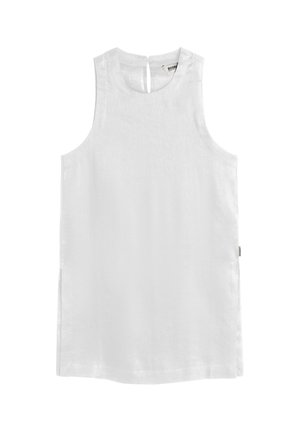 Blouse sans manches en lin blanc avec col rond et fermeture par bouton à œillet à l'arrière, avec fentes latérales pour plus de confort.