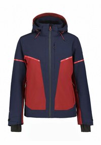 Giacca da sci con un design a blocchi di colore in blu navy e rosso, dotata di cappuccio regolabile, tasche con zip e strisce riflettenti a contrasto.