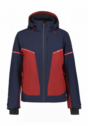Giacca da sci con un design a blocchi di colore in blu navy e rosso, dotata di cappuccio regolabile, tasche con zip e strisce riflettenti a contrasto.