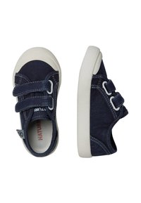 Navy canvas shoes with white rubber soles, featuring two adjustable Velcro straps and stitched accents for support and comfort.
