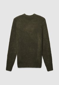 Dunkelgrüner, strukturierter Pullover mit langen Ärmeln und Rundhalsausschnitt. Weiche Stoffoberfläche, keine sichtbaren Verschlüsse oder Muster. Rückansicht gezeigt.