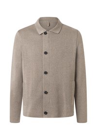 Světle béžová bunda z texturované tkaniny, s klasickým límcem, zapínáním na knoflíky a dvěma bočními kapsami. Černé knoflíky kontrastují s látkou.