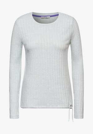 Jasnoszara bluzka z długim rękawem o rypsowej strukturze, okrągłym dekolcie i sznurkiem na dolnym brzegu. Materiał wydaje się miękki i elastyczny.