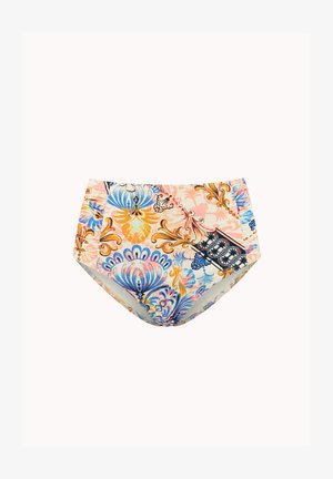 High-waisted swim bottom featuring a multicolored floral design in blue, orange, and pink. Made from stretchy, smooth fabric.