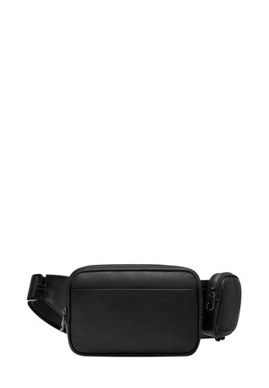 Sac banane en cuir noir avec un compartiment principal rectangulaire et une poche latérale plus petite, doté d'une fermeture éclair et d'une texture lisse.