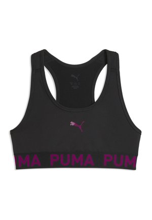 Schwarzer Puma Sport-BH mit Racerback-Design und violettem Puma-Logo sowie Schriftzug auf dem elastischen Bund unter der Brust.