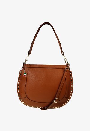 Brown leather handbag with a textured finish, featuring gold studs along the edge, a detachable strap, and an Italian flag charm.