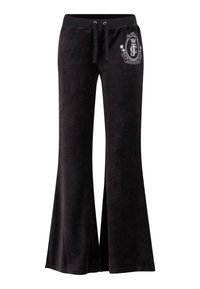 Czarne spodnie w stylu dzwonów wykonane z miękkiego aksamitnego materiału, z elastycznym pasem ze sznurkiem i haftowanym logo na górnej części uda. Gładka faktura.