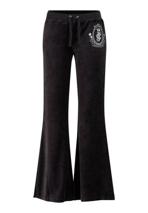 Melnas zvano formas bikses, izgatavotas no mīksta samta, ar ieliekamu jostasvietu un izšūtu logo augšstilbā. Gluda tekstūra.